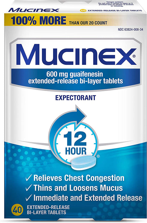 Chest Congestion, Mucinex 12 Hour Extended Release Tablets, 40ct, 600 mg Guaifenesin Relieves Chest Congestion Caused by Excess Mucus, #1 Doctor Recommended OTC expectorant