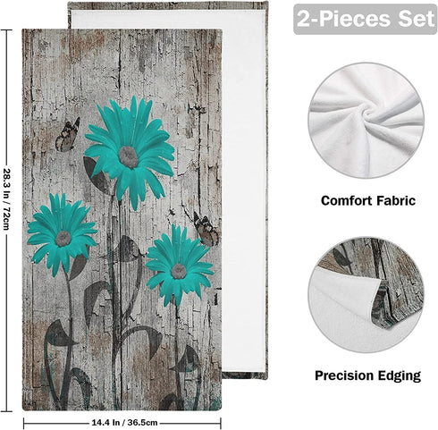 Turquoise Teal Blue Daisy Wood Hand Towels 2 Pack 28x14.5 in Bathroom Towel Super Soft Highly Absorbent for Bathroom Gym Home Decor Decoration Gift