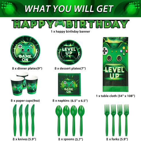 Decorlife Video Game Party Supplies Serves 8, Cute Gamer Birthday Decorations for Boys, Complete Pack Includes Tablecloth, Pre-Strung Banner, Green, Total 58PCS