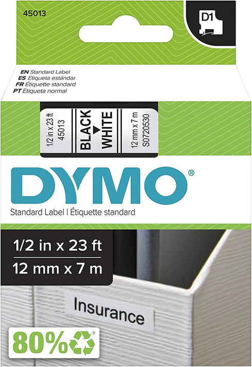 DYMO Standard D1 Labeling Tape for LabelManager Label Makers, Black Print on White Tape, 1/2'' W x 23' L, 1 catridge (45013)