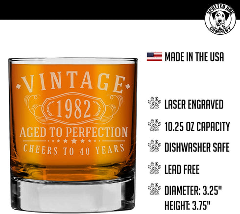 Vintage 1982 Etched 11oz Whiskey Rocks Glass -40th Birthday Aged to Perfection - 40 years old gifts Bourbon Scotch Lowball Old Fashioned