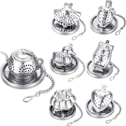 DISIWENE 7 Pack Loose Leaf Tea Infuser, Tea Strainer Stainless Steel Tea Ball with Chain and Drip Trays, small Tea Filter Set for Mug (Silver-Set A)