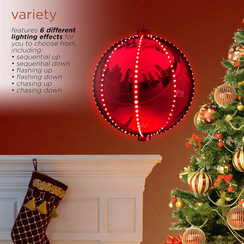 Alpine Corporation Hanging Christmas Ball Ornament with Chasing LED Lights, Plug-in Festive Indoor Holiday D©cor - 13-Inch - Red