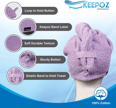 KEEPOZ Hair Towel Wrap Quick Dry 100% Cotton Super Absorbent Turban Head Wrap for Women with Button, Anti Frizz Hair Products, Hair Cap for Curly, Long & Thick Hair (2pcs) (Lilac+Pink Check)