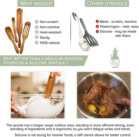 Spurtle Set - Wooden Spurtle Set Cooking Utensils As Seen on TV - Stirring Heavier Foods - Ergonomic, No Fatigued Wrists, Hands - For Nonstick, Porcelain Cookware - Longer Surface Area Kitchen Tool
