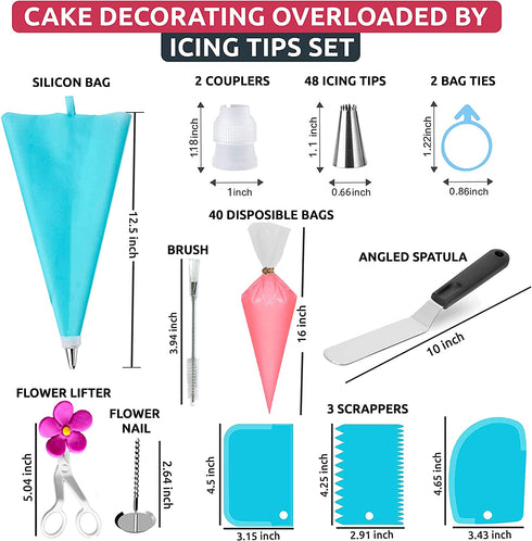 100PCs Piping Bags and Tips Set -48 Numbered Icing Tips, Cookie Cupcake, Cake Decorating Kit Baking Supplies Tools Cake Frosting Piping Tips, Reusable & Disposable Pastry Bags Icing Spatula & Smoother