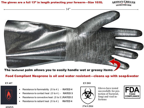 Artisan Griller BBQ Gloves Extreme Heat Resistant Grill Smoker Fryer Oven Kitchen Cooking Gloves. Great Barbecue Smoking Oyster Meat Glove Long XL Waterproof, Oil Resistant -(Size 10/XL Black)