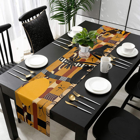LeoHome African Black Woman Cotton Linen Rectangle Table Runners 13''x70'', Elephant and Giraffe Luxury Table Runners for Wedding Party Banquet Dinner Decor
