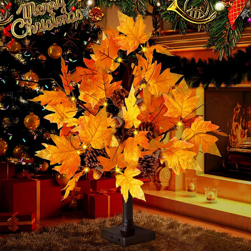 CKE 24 Inch Artificial Fall Tree Lighted Maple Tree Battery USB Operated w/Timer, 24 LED Thanksgiving Decorations Table Lights Tree for Autumn Wedding Party Gift Indoor Outdoor Harvest Home Decoration