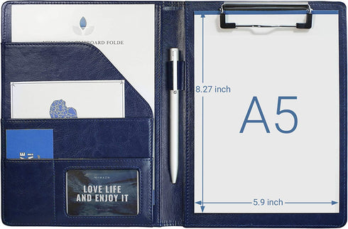 Small Padfolio Clipboard A5 Folder for Writing Pad Refillable 5 x 8 Note pad, Mymazn Faux Leather Clipboard Folder Junior Size Portfolio 5x8 Folio Clip Board (Blue)