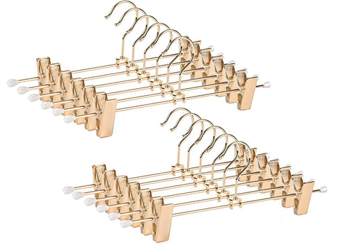 Amber Home 12 Inch Real Rose Gold Metal Pants Skirts Hangers 12 Pack, Sturdy for Slacks Trousers with 2 Adjustable Non Slip Clips and Swivel Hook (12 Pack)