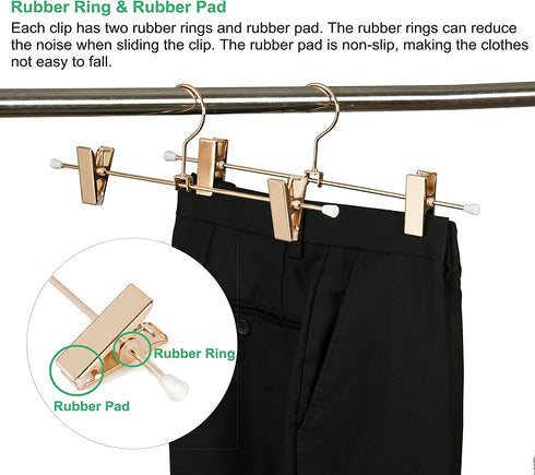 Amber Home 12 Inch Real Rose Gold Metal Pants Skirts Hangers 12 Pack, Sturdy for Slacks Trousers with 2 Adjustable Non Slip Clips and Swivel Hook (12 Pack)