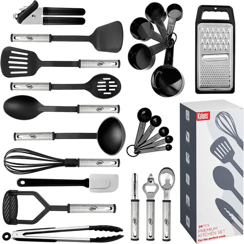 Kitchen Cooking Utensils Set 24 Nylon and Stainless Steel Utensil Set, Non-Stick and Heat Resistant Cooking Utensils Set, Kitchen Tools, Useful Pots and Pans Accessories and Kitchen Gadgets (Black)