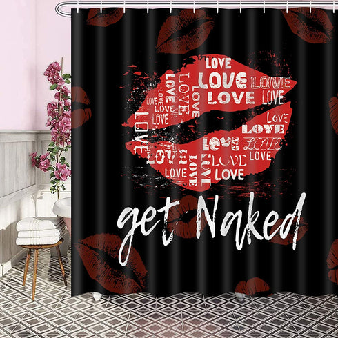 Basmaor Funny Get Naked Shower Curtain Red Lips Shower Curtain with 12 Hooks, Funny Bathroom Shower Curtain, Red and Black Bath Shower Curtain for Bathroom, 69" x 70" inches