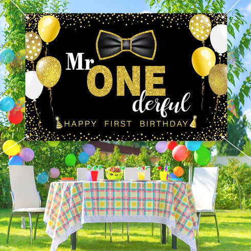 Boys 1st Birthday Mr. Onederful Party Decoration Photography Backdrop Boy Toddler Little Man First Birthday Cake Table Decor Banner(Black)