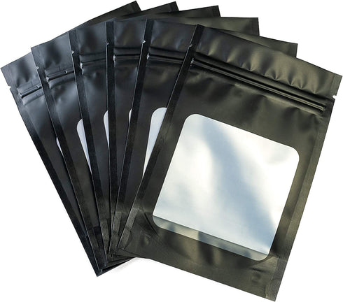 HANSER | Smell Proof Odorless Mylar Resealable Foil Pouch Bags with clear Window | Food Safe | Airtight | matte black | 100 Pieces | 4x6 inches