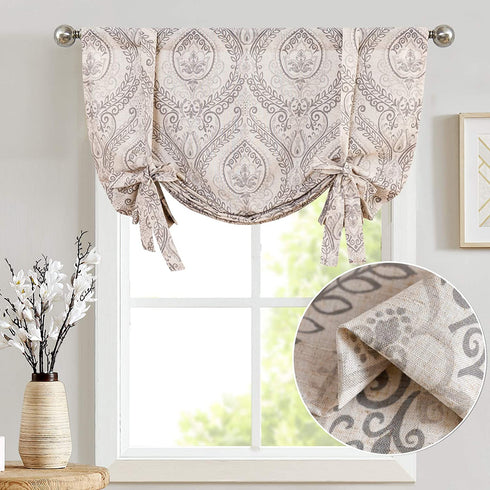jinchan Tie Up Shade Curtains for Kitchen Living Room Damask Printed Paisley Rod Pocket Drapes Multicolor Medallion Flax Window Curtain 1 Panel 54 inches Long Grey on Beige