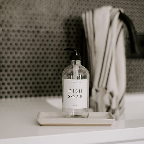 Sweet Water Decor Clear Glass Jar | Refill Dish Soap Dispenser | 16 oz Refillable Bottle with Pump | White Waterproof Label with Black Text| Rustic, Modern, Farmhouse Gift (Dish Soap)