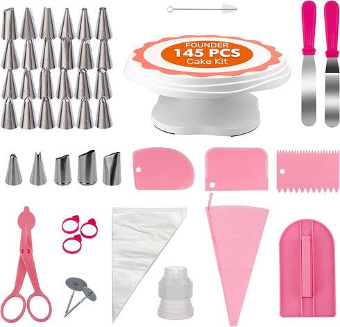 AISARCH Cake Decorating Supplies Kit,145 Pcs Cake Decorating Tools Set,Cake Turntable Set/Cake Stand with Piping Tips,Rose&Leaf Icing Tips,Cake Decorating Icing Spatula Set
