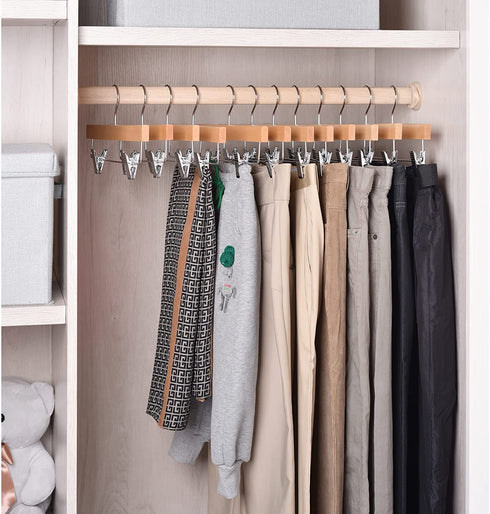 Amber Home Natural Wooden Pants Hangers 10 Pack, Solid Wood Skirt Hanger Bottom Hanger Clips Hangers for Slacks, Jeans, Shorts with 2-Adjustable Clips (Natural, 10 Pack)