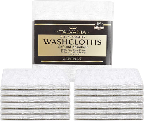 Talvania White Washcloths 24 Pack - Cotton Ribbed Wash Cloth - Super Absorbent Terry Towels - Ideal for Face Body Scrub Gym Spa Home Kitchen Cleaning Cloth - 12 X 12 Wash Cloths