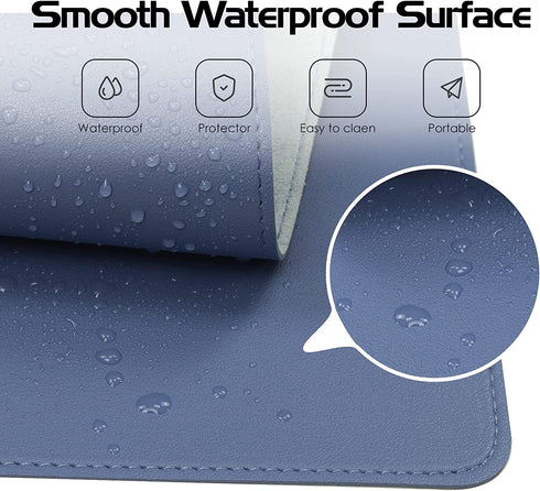 Leather Desk Pad Blotter,Wolaile 36x17 inch Big Keyboard Mouse Pad,Waterproof Non-Slip Writing Desk Computer Mat Desktop Protector for Office Home,Blue