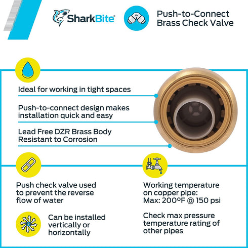 SharkBite U2008-0000LFA 1/2 inch x 1/2 inch Brass Check Valve, Push-to-Connect, Copper, PEX, CPVC