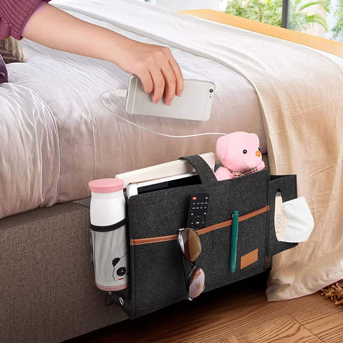 Telaero Bedside Caddy,Felt Bed Storage Organizer with 5 Pockets,Magazine Phone TV-Remote iPad Tablet Glasses Holder for Bed Sofa Desk Bunk Home Dorm (Black)