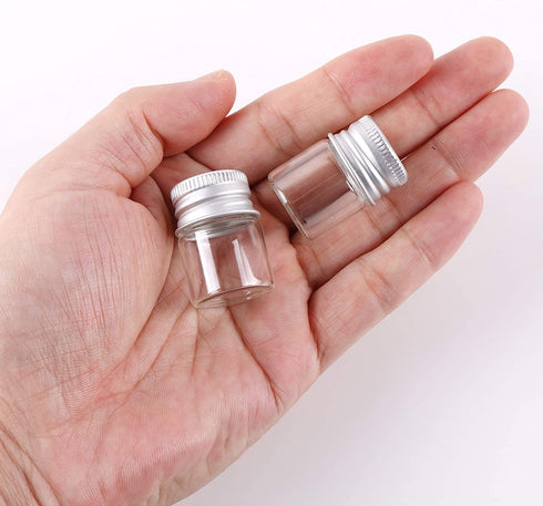 MaxMau 100 Sets Small Glass Bottles with Aluminum Cap Screw Top Lids 5 Milliliter Tiny Vials DIY Art Craft Storage