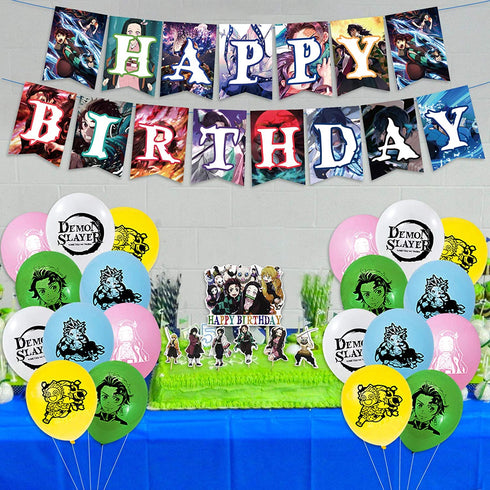 Demon Slayer Birthday Party Supplies 46PCS Japanese Anime Theme Decorations for Boys Dorm 20pcs Balloons, 1pc Happy Birthday Banner, 24pcs Cupcake Toppers, 1pc Huge Manga Cake Toppers for Fans