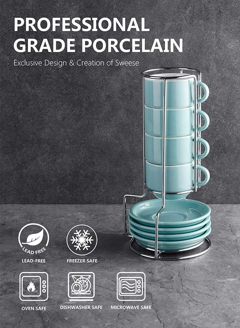 Sweese 405.402 Porcelain Stackable Espresso Cups with Saucers and Metal Stand - 4 Ounce - Set of 4,Turquoise