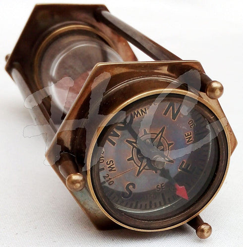 5" DECORATIVE BRASS SAND TIMER HOURGLASS WITH ANTIQUE MARITIME BRASS COMPASS