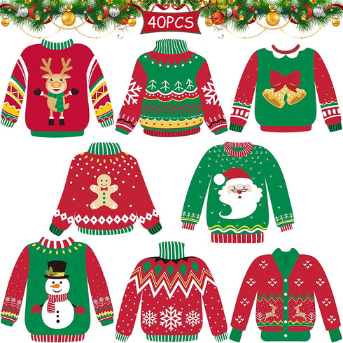 40 Pieces Ugly Sweater Cutouts Christmas Decoration Ugly Sweater Cardboard Cutouts with Glue Point Dots for Classroom School Bulletin Board Party Holiday Party Decoration, 5.9 x 5.9 Inch