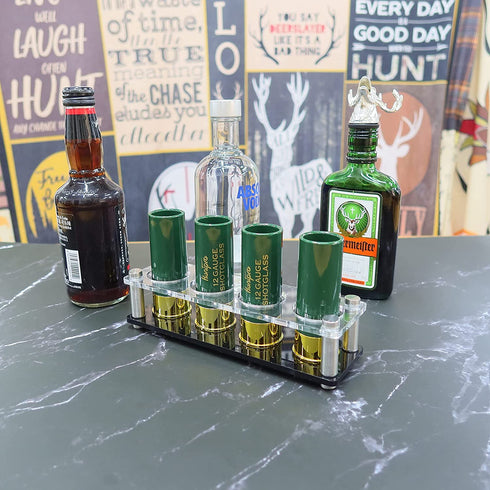 HUNTPRO 12 Gauge Shot Glass Set of 4 Green Shot Glasses with Acrylic Tray Cup Holder Gift Box Blessing Cards, Cool Funny Gift for Men
