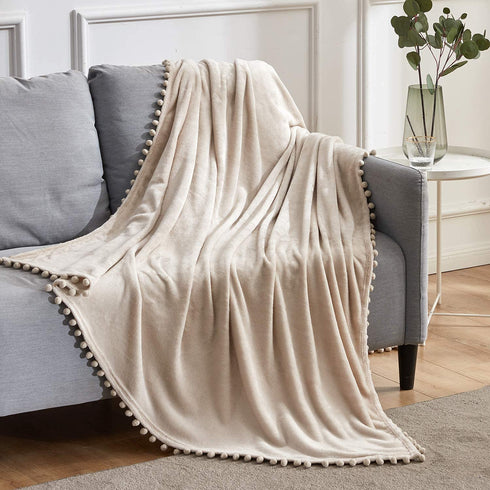 BEAUTEX Fleece Throw Blanket with Pompom Fringe, Beige Flannel Blankets and Throws for Couch, Super Soft Cozy Lightweight Plush Throw Blanket (50" x 60")