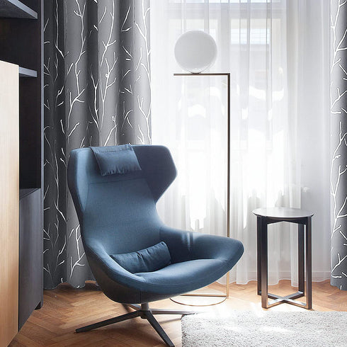 BUHUA Light Grey Blackout Bedroom Curtains,Black Out cCurtains 63 Inch Long 2 Panels,Window Curtains Panels,Thermal Insulated Windproof Elegant Tree Branches Silver Print Drapes 38W x 63L