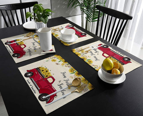 Harvest Farm Red Truck Full of Blooming Sunflowers Placemats - Set of 4 Washable Stain Resistant Kitchen Table Mats - Cotton Linen Woven Dining Table Mats - 12" x 18"