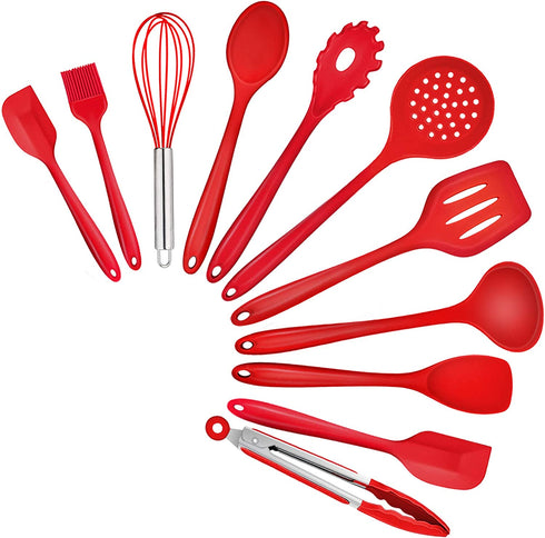 TeamFar Kitchen Utensils Set of 11, Red Silicone Cooking Utensils Spatula Set Heat Resistant For Nonstick Cookware, Perfect for Cooking Baking Mixing, Healthy & Non Scratch, Dishwasher Safe