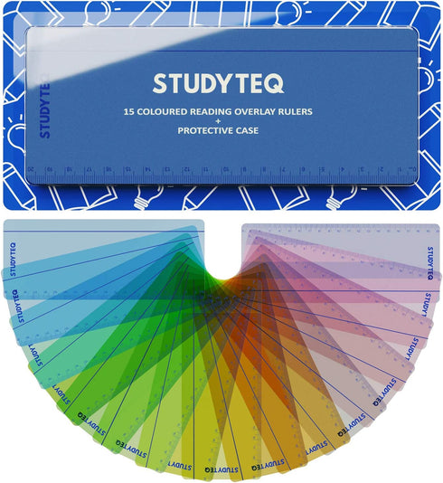 15 x Studyteq Professional Dyslexia Colored Reading Overlays and Rulers + Protective Case | Reading Tracking Rulers for Visual Stress, Dyslexia, Irlens Syndrome, and ADHD