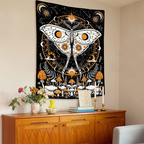 Rexful Mushroom Tapestry, Moth Tapestry Wall Hanging Sun and Moon Tapestries for Bedroom, Stars Constellation Aesthetic Art Tapestry for Living Room (60''×80'')