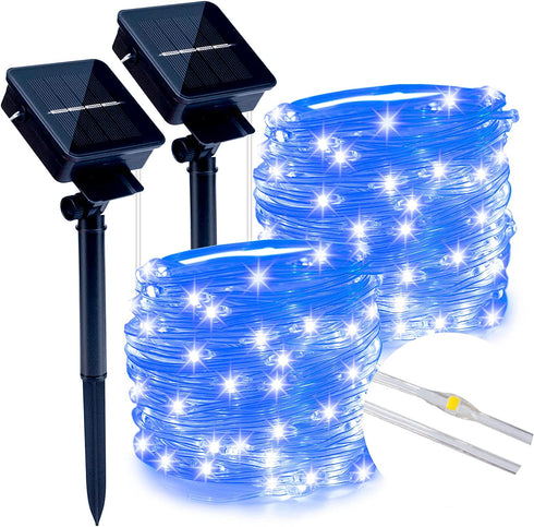 Super Bright Solar String Lights Outdoor Waterproof 2-Pack Each 46ft 120 LED Solar Fairy Lights PVC Wire 8 Modes Christmas Lights for Tree Patio Garden Yard Party Pathway Decoration (Blue)