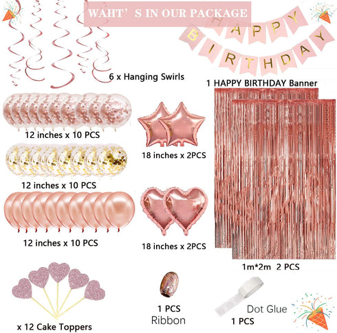 Rose Gold Birthday Party Decorations, Happy Birthday Banner, Rose Gold Fringe Curtain, Heart Star Foil Confetti Balloons, Hanging Swirls for Women Girls Birthday Princess Party