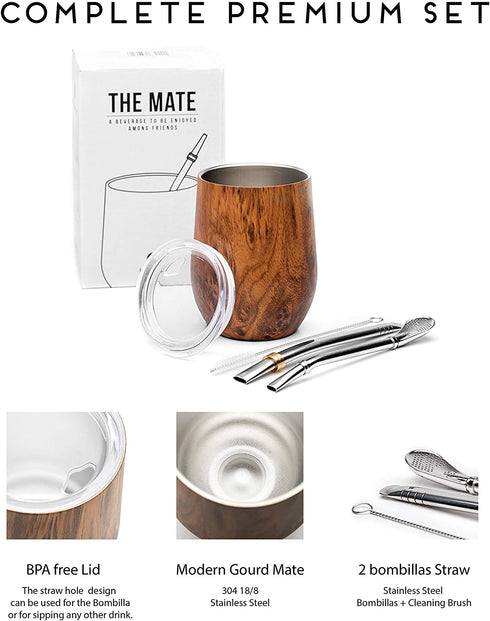 BALIBETOV Modern Mate Cup And Bombilla Set (Yerba Mate Cup) -Yerba Mate Set includes Double Walled 18/8 Stainless Steel Mate Tea Cup, Two Bombilla Mate (Straw) and a Cleaning Brush (Wood, 12)