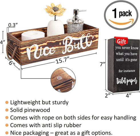 Bathroom Decor Box and Funny Bathroom Sign - Cute Farmhouse Rustic Decorations for Top of Toilet Tank Toilet Paper Holder - Great Housewarming Gift Idea (Brown)