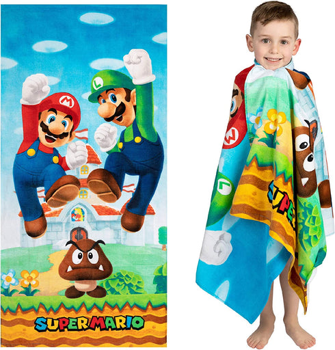 Super Mario "Official Nintendo" Kids Super Soft Cotton Bath/Pool/Beach Towel, 58 in x 28 in, By Franco