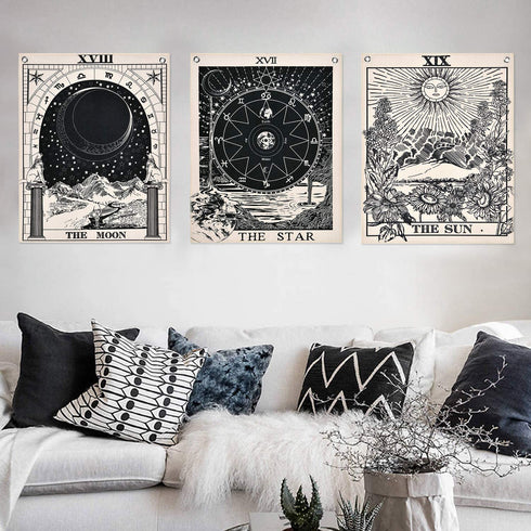 Pack of 3 Tarot Tapestries with Rustproof Grommets, Seamless Nails, The Sun Moon Star Tarot Card Tapestries Vertical Tapestry Wall Hanging (16 x 20 inches/piece)