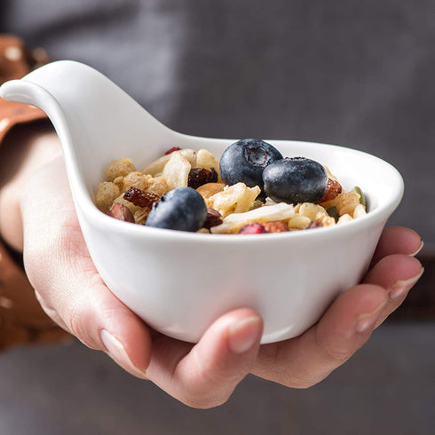 Bruntmor Matte Glazed Set Of 6 Side Dish Porcelain Dip Bowl Set with Handle, for Soy Sauce, Ketchup, Appetizer, For BBQ and Dinner, 3 ounce, White