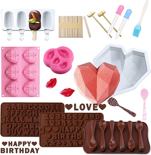 Chocolate Molds Heart Molds Set, Breakable Heart Mold 8.7inch Diamond Heart Mousse Cake Silicone Smash Molds for Baking for Valentine's Day, Birthdays, Mother's Day, Father's Day, Party (White, 62pcs)