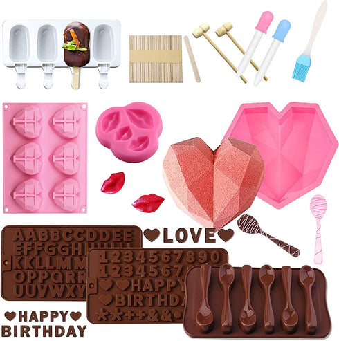 Big and Mini Breakable Heart Molds Chocolate Molds Silicone, Diamond Heart Cake Molds for Baking with Hammers, Popsicle Ice Cream Mold, Letter Number Spoon, Lip Fondant Molds (Red, 62pcs)