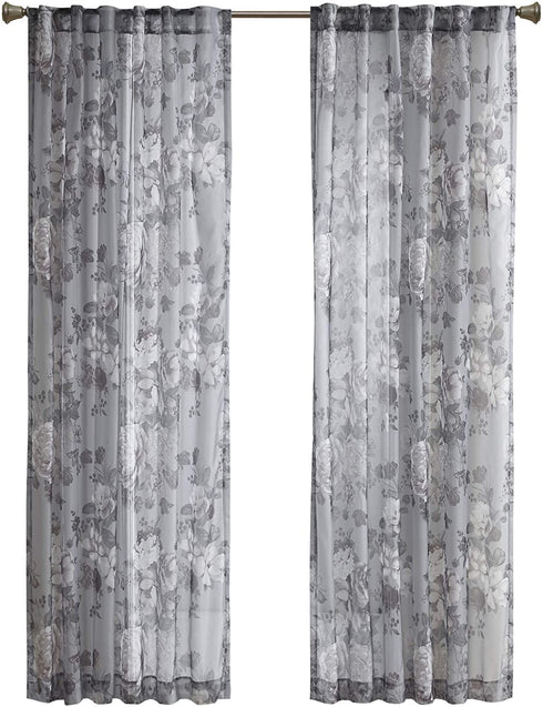 Madison Park Simone Floral Design Sheer Single Window Curtain Voile Privacy Drape for Bedroom, Livingroom, 50" x 95", Backtab Panel, Grey